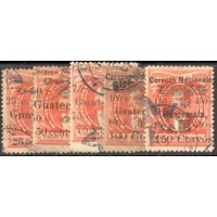 GUATEMALA - Y 27/31 (1886) EFÍGIE DE J.R. BARRIOS 1c VERMELHO- COM SOBRECARGA COM DATA 1886 E NOVOS VALORES - SÉRIE 5 SELOS USADOS
