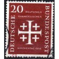 ALEMANHA FEDERAL -  Y 0110 (1956) DIA DA IGREJA EVANGÉLICA - CRUZ - 20p VERMELHO CARMINADO - 1 SELO DE SÉRIE DE 2 - USADO E COM UNS DENTINHOS MAIS CURTOS 