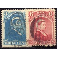 TERRA NOVA - Y 30+37 (1868-1880) - RAINHA VICTORIA 6c VERMELHO E 3c AZUL - DOIS SELOS USADOS