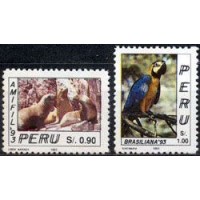PERU - Y 0997/998 (1993) FAUNA / BRASILIANA : EXPO FILATÉLICA NACIONAL NO PERU  E  EXPO.  INTERNACIONAL BRASILIANA 93, NO RIO DE JANEIRO  - FOCAS E PAPAGAIO - SÉRIE 2 SELOS NOVOS SEM GOMA 