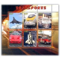 CONGO - ANO 2007 - AVIÃO, CARRO, FOGUETE, NAVIO, ETC - SERIE 6 SELOS USADOS EMITIDOS EM FOLHINHA