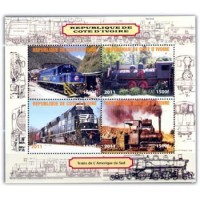 COSTA DO MARFIM - ANO 2011 - TRENS DA AMÉRICA DO SUL - SERIE 4 SELOS USADOS EMITIDOS EM FOLHINHA