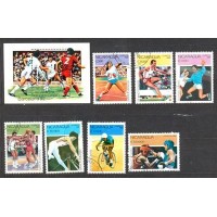 NICARÁGUA - Y 1530/36+B-197 DO ANO 1990- OLIMPÍADA DE VERÃO EM BARECLONA EM 1992 -FUTEBOL - ARREMEÇO DE LANÇA FEMININO -CORRIDA COM BARREIRAS- HANDBALL-BASQUETE-GINÁSTICA EM BARRAS PARALELAS-CICLISMO -BOXE- SÉRIE 7 SELOS E BLOCO USADOS