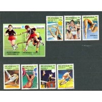 NICARÁGUA - Y A-1300/06 DO ANO 1989-OLIMPÍADAS DE VERÃO EM BARCELONA EM 1992: HOCKEY FEMININO SOBRE GRAMA-POLO AQUÁTICO-LUTA-VOLLEY- HALTEROFILISMO-GINÁSTICA NO CAVALO COM ALÇAS-MERGULHO FEMININO-CORRIDA-SÉRIE 7 SELOS E BLOCO USADOS
