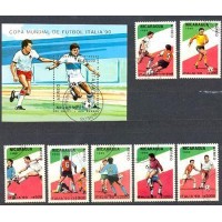 NICARÁGUA - Y A-1278/84+BLOCO DO ANO 1989- COPA DO MUNDO DE FUTEBOL NA ITÁLIA EM 1990- SÉRIE 7 SELOS E BLOCO USADOS
