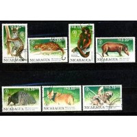 NICARÁGUA - Y 1551/57 DO ANO 1990- FAUNA SELVAGEM- ONÇAS-MACACO-ANTA-TATU-CACHORRO DO MATO- PREGUIÇA- SÉRIE 7 SELOS USADOS