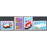 NICARÁGUA - Y 1999+AE 989/9 DO ANO 1982-HISTÓRIA : 3 º ANIVERSÁRIO DA REVOLUÇÃO-POMBA DA PAZ-BANDEIRA-RAMO DE OLIVEIRA -SÉRIE 4 SELOS USADOS