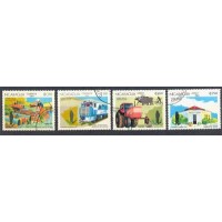 NICARÁGUA - Y 1345/46+AE DO ANO 1984- 5 º ANIVERSÁRIO DA REVOLUÇÃO- PROGRESSO NA AGRICULTURA- NOS TRANSPORTES-TREM-CONSTRUÇÕES EDIFÍCO-SÉRIE 4 SELOS USADOS