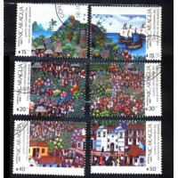 NICARÁGUA - Y A-1209/14 DO ANO 1987- 5 º CENTENÁRIO DO DESCOBRIMENTO DA AMÉRICA E DO ENCONTRO DE DOIS  MUNDOS - NAVIOS DE COLOMBO E CENAS DA ÉPOCA DA COLONIZAÇÃO -SÉRIE 6 SELOS USADOS