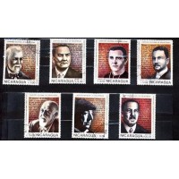 NICARÁGUA - 1419/23+AEA DO ANO 1986 - LITERATURA- ESCRITORES E POETAS LATINO-AMERICANOS : PABLO NERUDA, RUBEM DARIO E OUTROS -SÉRIE 7 SELOS USADOS