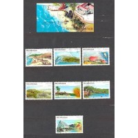 NICARÁGUA - Y 1514+AE+BLOCO DO ANO 1989- TURISMO E FAUNA - PAISAGENS, PONTOS TURÍSTICOS E FAUNA LOCAL - TARTARUGA-PEIXE-AVES-TATU-LAGOSTA-VEADOS-SÉRIE 7 SELOS E BLOCO USADOS