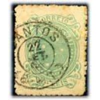 R-070A - 1980 - SELO CRUZEIRO 20 RÉIS VERDE - DENTEAÇÃO 11 - CARIMBO DE SANTOS - PONTOS DE OXIDAÇÃO