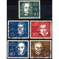 Alemanha Federal - MI 315/319 - Y 188/192 (1959) INAUGURAÇÃO DO PAVILHÃO DE BEETHOVEN E ANIVERSÁRIO DE GRANDES MÚSICOS - HANDEL - LOUIS SPOHR - BEETHOVEN - HAYDIN - MENDELSON - SÉRIE COM 5 SELOS USADOS  DESTACADOS DO BLOCO 
