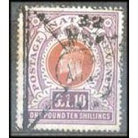 NATAL - Y 85 (1904-05) REI EDUARDO VII -FILIGRANA CA MÚLTIPLA - 1 LIBRA E 10 SHILLINGS LILÁS  E LARANJA -  CARIMBO SP - MUITO BONITO