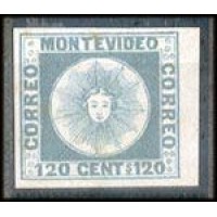 URUGUAY - Y 4 (1858) SOL DE MAIO - DILIGÊNCIA -120c AZUL - SELO NOVO BONITO E COM MARGENS; NÃO EXPERTIZADO - PROVAVELMENTE FALSO