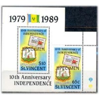 ST. VICENT - Y1166Z+BL.61H (1989) - 10° ANIVERSÁRIO DA INDEPENDÊNCIA,COM SOBRECARGA ''SPECIMEN'' SELO E BLOCO MINT - ANO 2013 