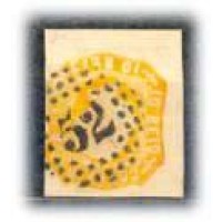 PORTUGAL - Y14 (1862/64) - LUIZ 1°,10 RÉIS LARANJA SELO USADO COM O NÚMERO 52 NO CARIMBO, 3 MARGENS BOAS E 1 ENTRANDO NO SELO - ANO 2013 