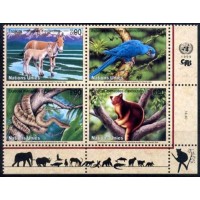 Onu Geneve - Y 389/92 (1999) - ANIMAIS EM EXTINÇÃO - ASNO, PAPAGAIO, BOA, KANGURU - SERIE 4 SELOS MINT SE-TENANT EM QUADRA 