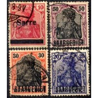 Sarre - Y 6+37+ 39+43 (1920 ) GERMÂNIA SOBRESTAMPADA : 10 p VERMELHO ( SOBRECARGA TRAÇO  E SARRE)  E 20p  AZUL VIOLETA+ 30 p LARANJA E PRETO  + 50p CARMIM E PRETO ( ESTES 3 ÚLTIMOS COM SOBRECARGA SAARGEBIET) 4 SELOS USADOS