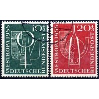 Alemanha Federal - Y 93/94 -MI 217/218 (1955) EXPO. FILATÉLICA  DE DUSSELDORF - COMPOSIÇÕES COM CORNETA DE CORREIO- POMBA-CARTA -ETC- SÉRIE 2  BONS E DIFÍCEIS SELOS USADOS