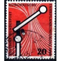 Alemanha Federal - Y 95- MI 219 (1955) CONFERÊNCIA EUROPÉIA DOS HORÁRIOS FERROVIÁRIOS -COMPOSIÇÃO COM TRILHOS- RELÓGIO- PONTEIROS E SINALIZADOR FERROVIÁRIO - SELO USADO