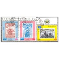 PARAGUAI - Y A1004/1006 (1986)-AMERIPEX 86 EXPOSIÇÃO FILATÉLICA INTERNACIONAL EM CHICAGO,REPRODUÇÃO DE SELOS ANTIGOS SÉRIE COM 3 SELOS USADOS - ANO 2013 
