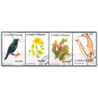 ST. TOMÉ E PRÍNCIPE - Y1139/1142 (1992) - FAUNA E FLORA:PÁSSAROS E FLORES,SÉRIE COM 4 SELOS COM CARIMBOS LEVES NO CANTO 